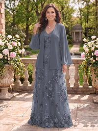2 Pieces Long Sleeves V Neck A Line Mother of the Bride/Groom Dresses with Jacket