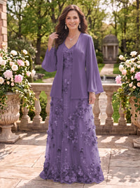 2 Pieces Long Sleeves V Neck A Line Mother of the Bride/Groom Dresses with Jacket