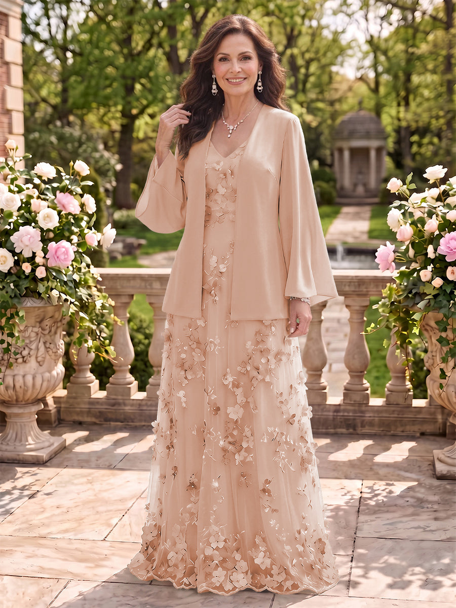 2 Pieces Long Sleeves V Neck A Line Mother of the Bride/Groom Dresses with Jacket