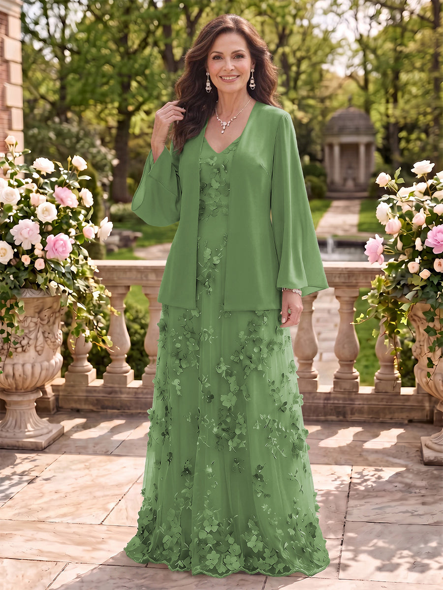 2 Pieces Long Sleeves V Neck A Line Mother of the Bride/Groom Dresses with Jacket