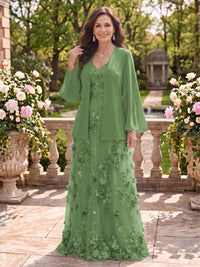 2 Pieces Long Sleeves V Neck A Line Mother of the Bride/Groom Dresses with Jacket