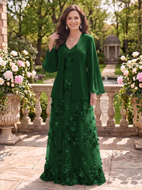 2 Pieces Long Sleeves V Neck A Line Mother of the Bride/Groom Dresses with Jacket