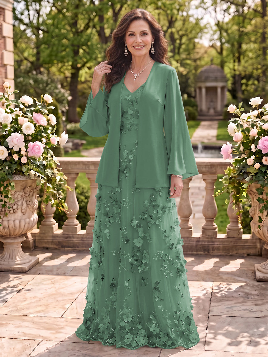 2 Pieces Long Sleeves V Neck A Line Mother of the Bride/Groom Dresses with Jacket