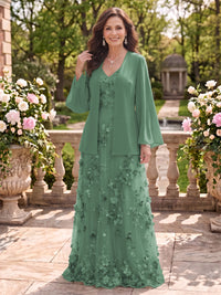 2 Pieces Long Sleeves V Neck A Line Mother of the Bride/Groom Dresses with Jacket