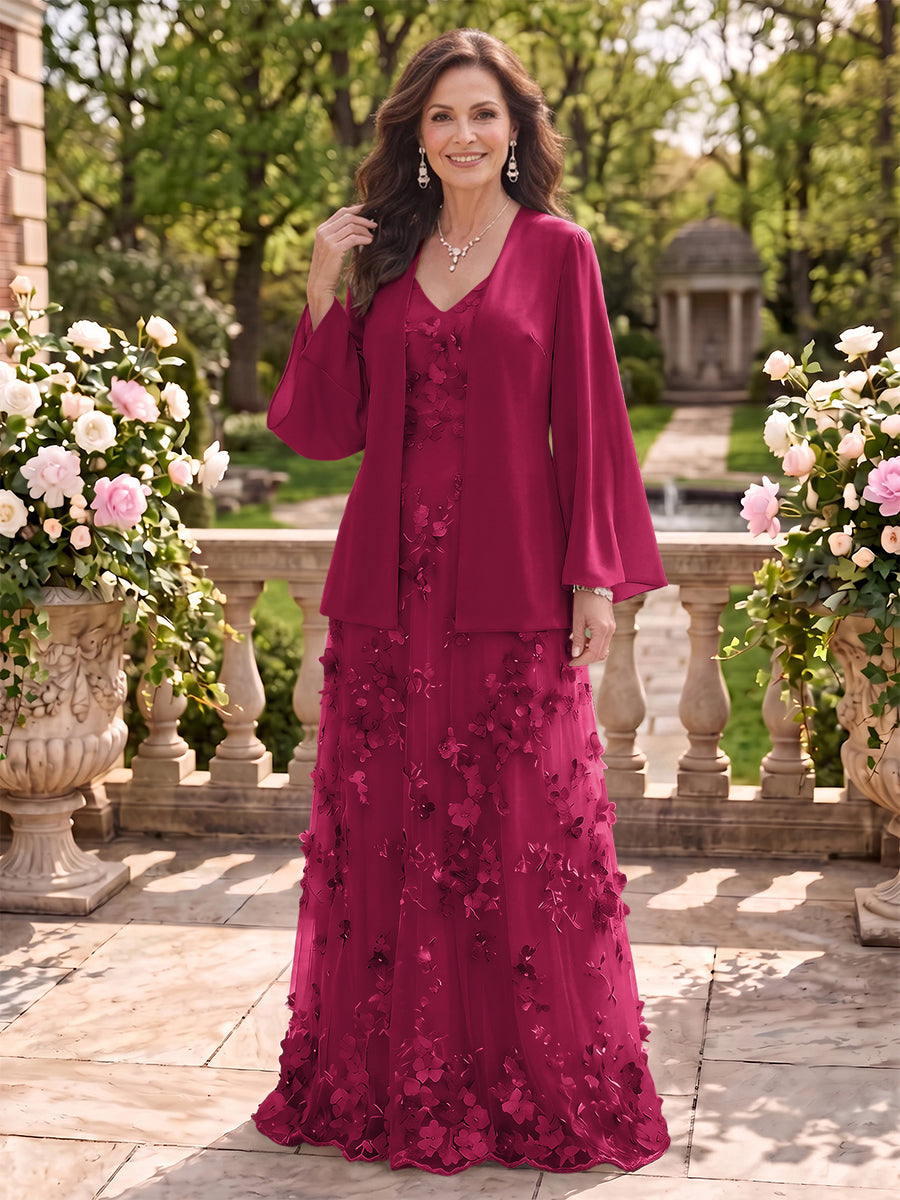 2 Pieces Long Sleeves V Neck A Line Mother of the Bride/Groom Dresses with Jacket