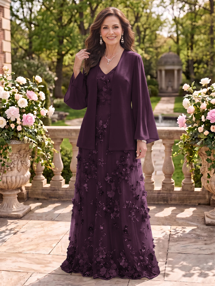 2 Pieces Long Sleeves V Neck A Line Mother of the Bride/Groom Dresses with Jacket