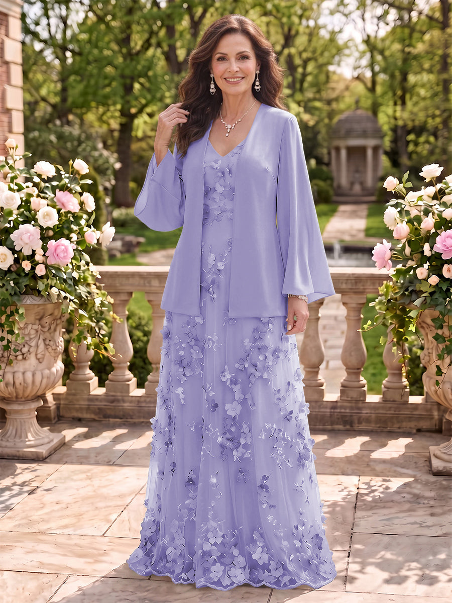 2 Pieces Long Sleeves V Neck A Line Mother of the Bride/Groom Dresses with Jacket