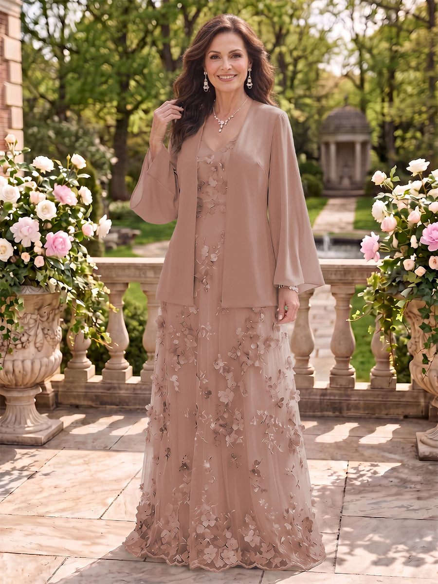 2 Pieces Long Sleeves V Neck A Line Mother of the Bride/Groom Dresses with Jacket