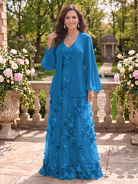 2 Pieces Long Sleeves V Neck A Line Mother of the Bride/Groom Dresses with Jacket