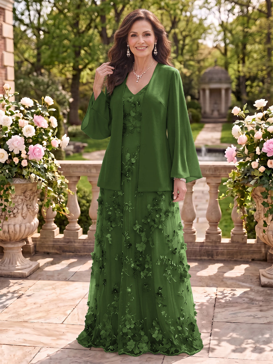 2 Pieces Long Sleeves V Neck A Line Mother of the Bride/Groom Dresses with Jacket