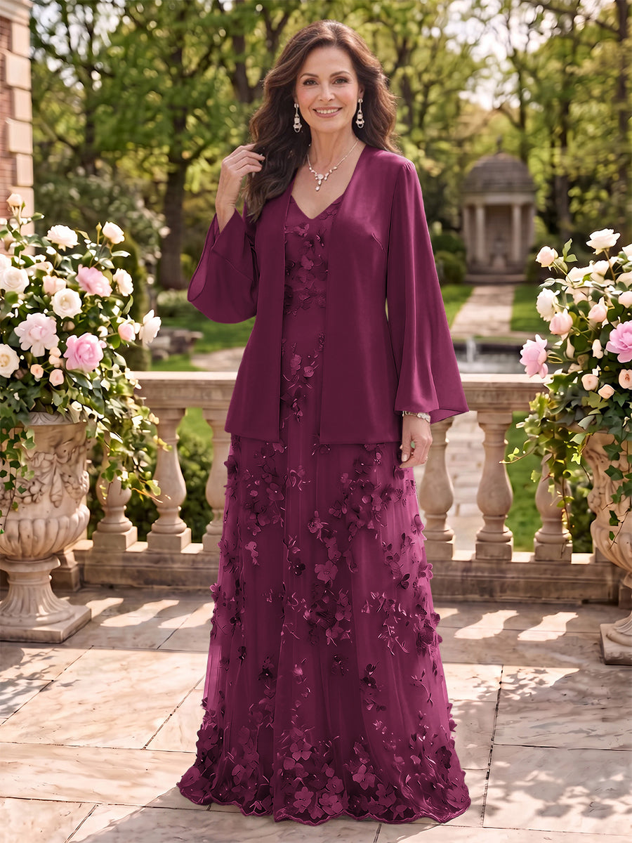 2 Pieces Long Sleeves V Neck A Line Mother of the Bride/Groom Dresses with Jacket