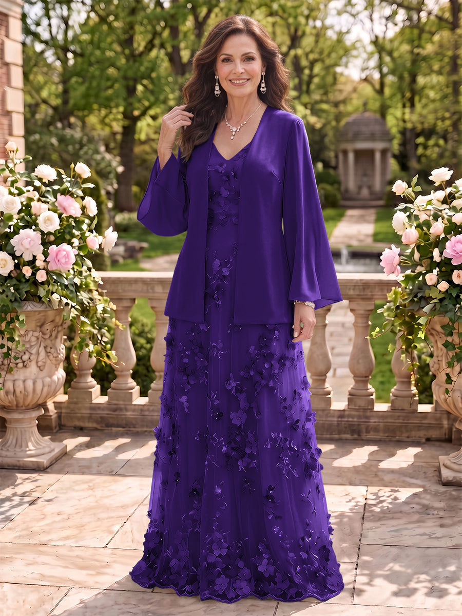 2 Pieces Long Sleeves V Neck A Line Mother of the Bride/Groom Dresses with Jacket