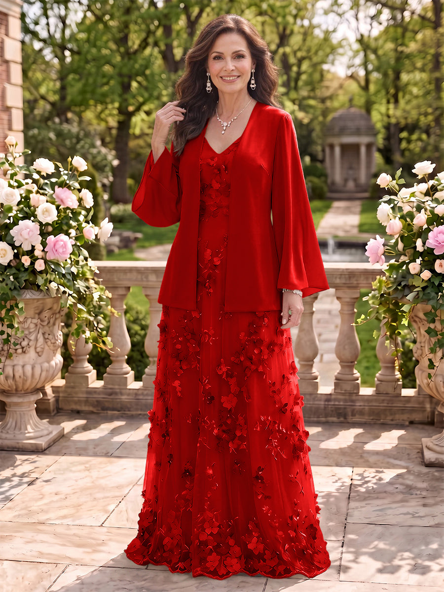2 Pieces Long Sleeves V Neck A Line Mother of the Bride/Groom Dresses with Jacket