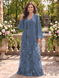 2 Pieces Long Sleeves V Neck A Line Mother of the Bride/Groom Dresses with Jacket