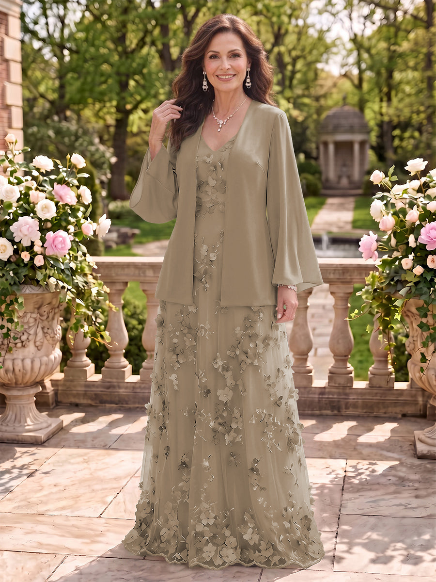 2 Pieces Long Sleeves V Neck A Line Mother of the Bride/Groom Dresses with Jacket
