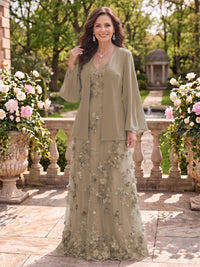 2 Pieces Long Sleeves V Neck A Line Mother of the Bride/Groom Dresses with Jacket