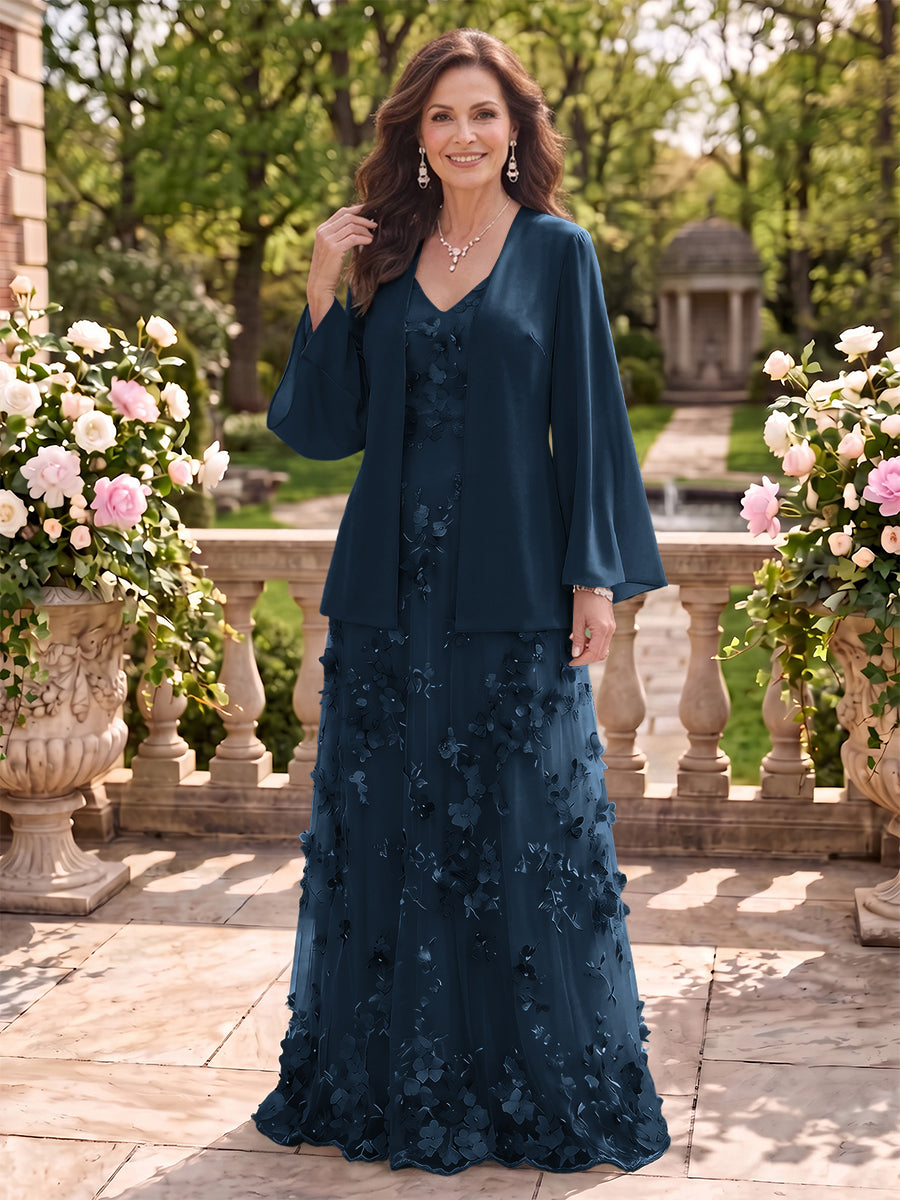 2 Pieces Long Sleeves V Neck A Line Mother of the Bride/Groom Dresses with Jacket
