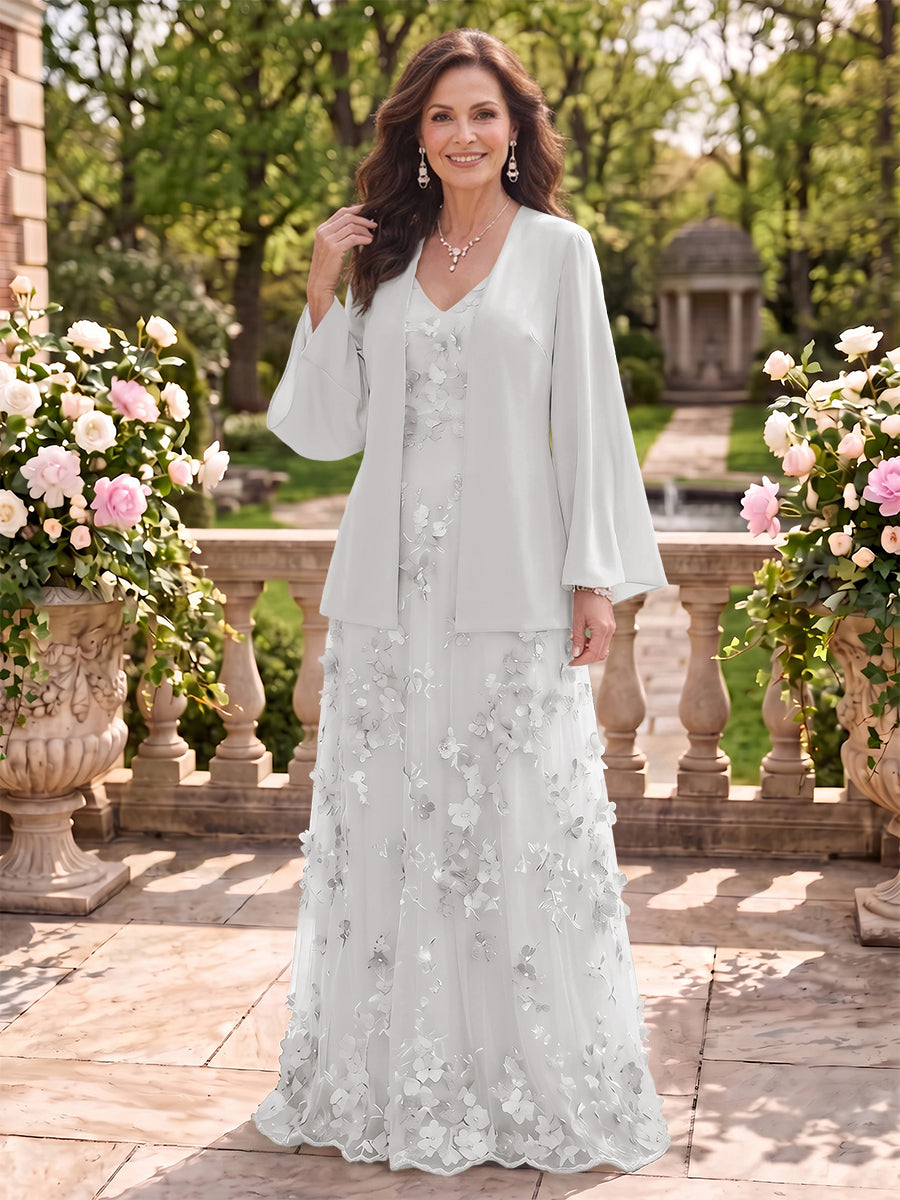 2 Pieces Long Sleeves V Neck A Line Mother of the Bride/Groom Dresses with Jacket