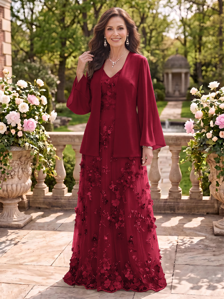 2 Pieces Long Sleeves V Neck A Line Mother of the Bride/Groom Dresses with Jacket