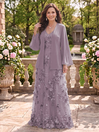 2 Pieces Long Sleeves V Neck A Line Mother of the Bride/Groom Dresses with Jacket