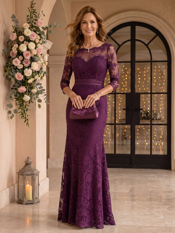 Long Sleeves Lace Mermaid Round Neck Mother of the Bride/Groom Dresses