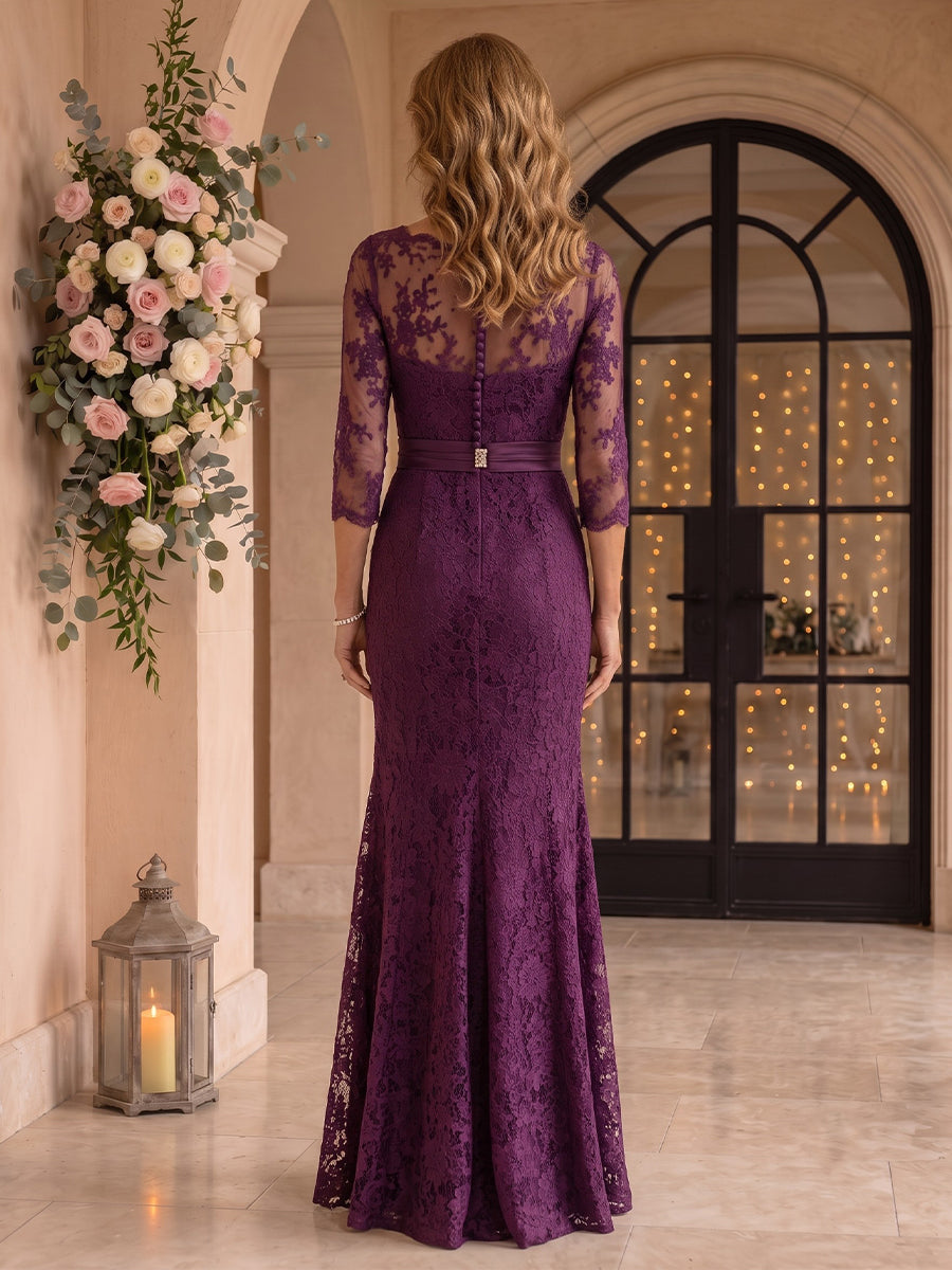 Long Sleeves Lace Mermaid Round Neck Mother of the Bride/Groom Dresses