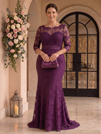Long Sleeves Lace Mermaid Round Neck Mother of the Bride/Groom Dresses Plus Size