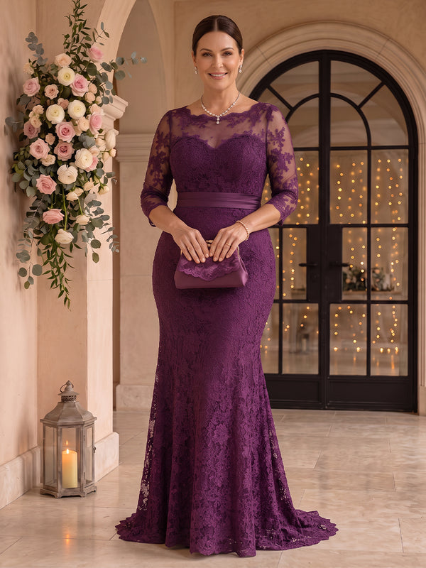 Long Sleeves Lace Mermaid Round Neck Mother of the Bride/Groom Dresses Plus Size