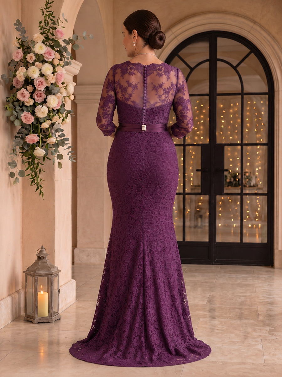 Long Sleeves Lace Mermaid Round Neck Mother of the Bride/Groom Dresses Plus Size