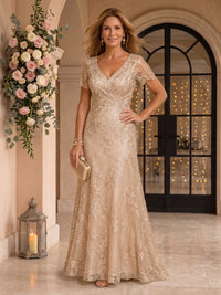 Short Sleeves Lace Mermaid V Neck Mother of the Bride/Groom Dresses