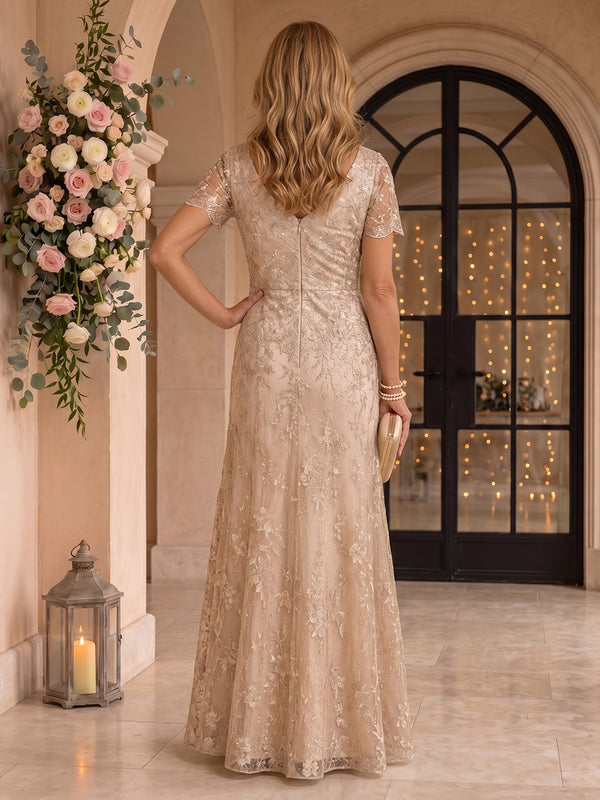 Short Sleeves Lace Mermaid V Neck Mother of the Bride/Groom Dresses