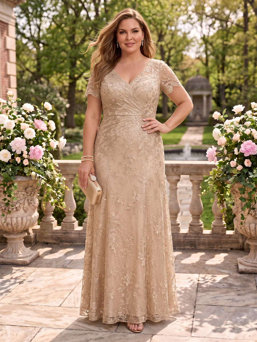 Short Sleeves Plus Size Lace A Line V Neck Mother of the Bride/Groom Dresses