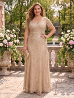Short Sleeves Plus Size Lace A Line V Neck Mother of the Bride/Groom Dresses