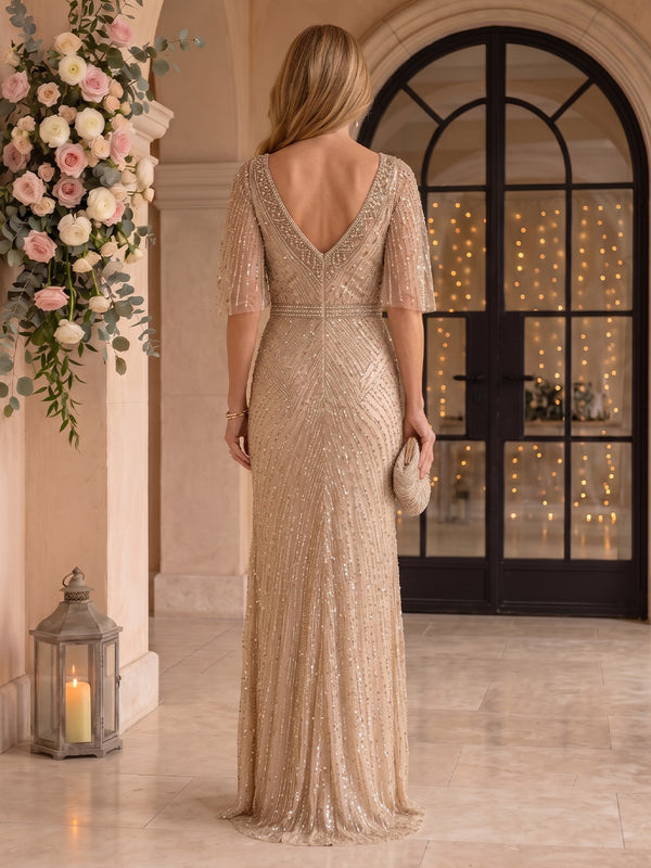 Short Sleeves Sequin Mermaid Round Neck Mother of the Bride/Groom Dresses