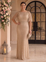 Short Sleeves Plus Size Sequin Mermaid Round Neck Mother of the Bride/Groom Dresses