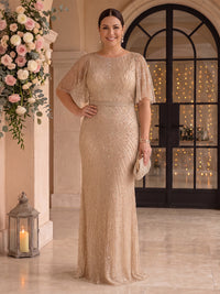 Short Sleeves Plus Size Sequin Mermaid Round Neck Mother of the Bride/Groom Dresses