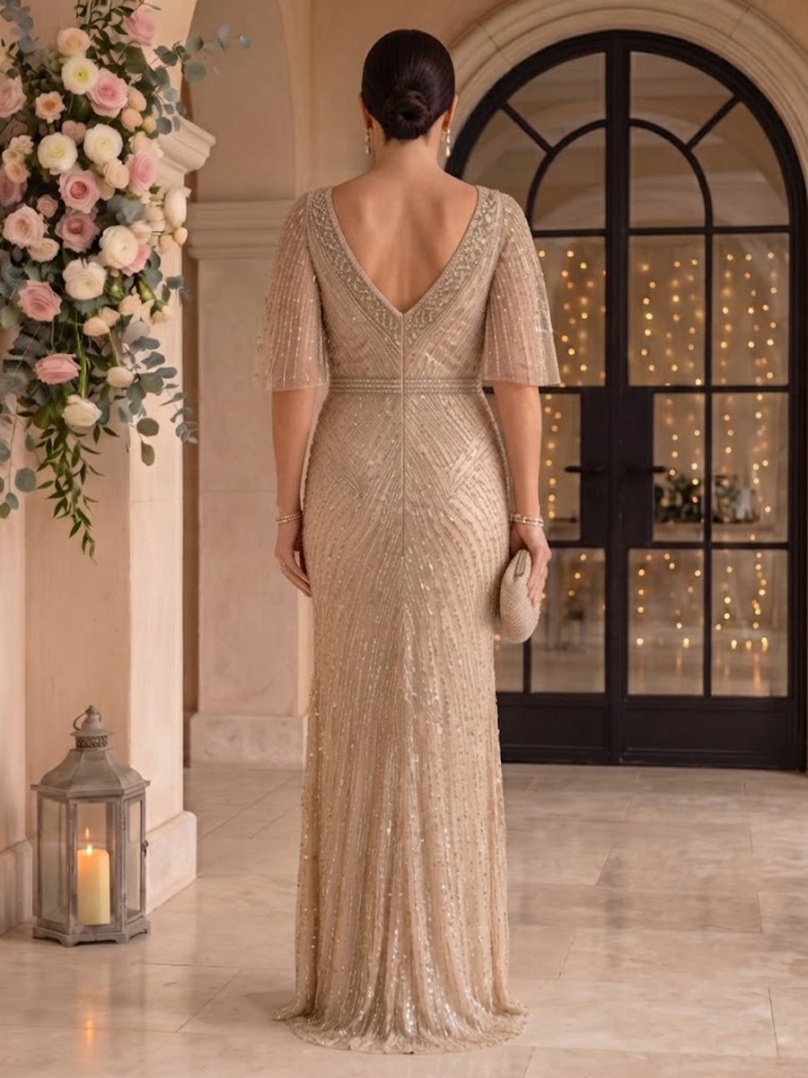 Short Sleeves Plus Size Sequin Mermaid Round Neck Mother of the Bride/Groom Dresses