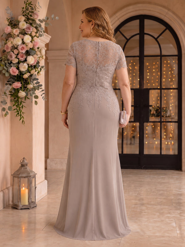 Lace Plus Size Short Sleeves Mermaid Round Neck Mother of the Bride/Groom Dresses
