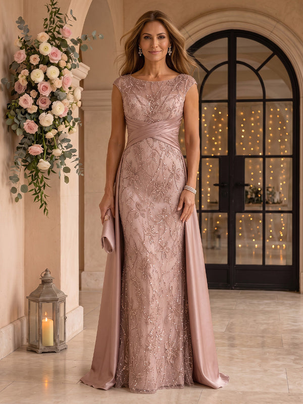 Cap Sleeves Sequin Mermaid Round Neck Mother of the Bride/Groom Dresses