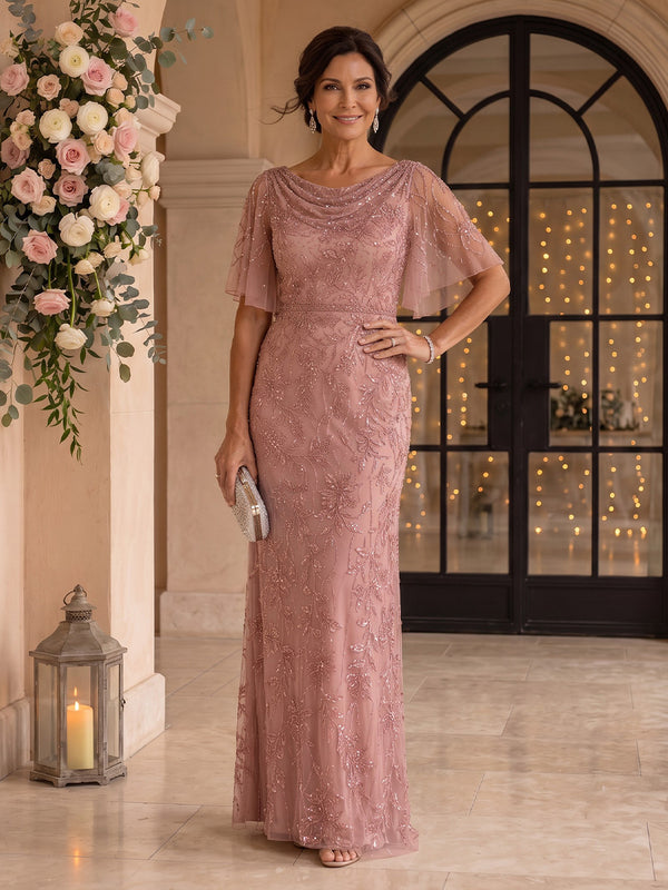 Short Sleeves Sequin Mermaid Cowl Neck Mother of the Bride/Groom Dresses