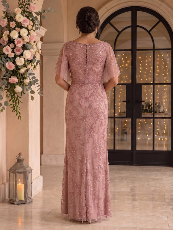 Short Sleeves Sequin Mermaid Cowl Neck Mother of the Bride/Groom Dresses