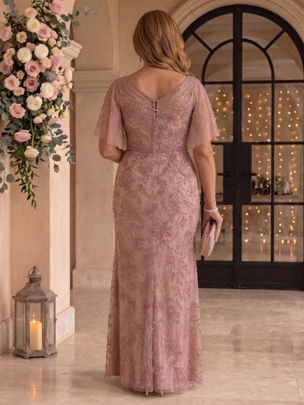 Sequin Plus Size Short Sleeves Mermaid Cowl Neck Mother of the Bride/Groom Dresses