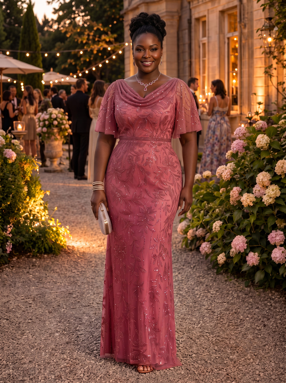 Sequin Plus Size Short Sleeves Mermaid Cowl Neck Mother of the Bride/Groom Dresses