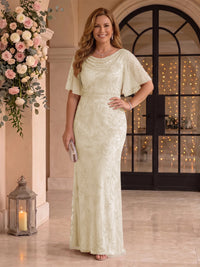 Sequin Plus Size Short Sleeves Mermaid Cowl Neck Mother of the Bride/Groom Dresses