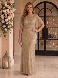 Sequin Plus Size Short Sleeves Mermaid Cowl Neck Mother of the Bride/Groom Dresses