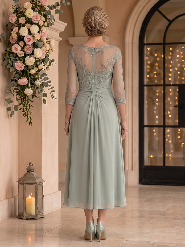 Lace Long Sleeves Mermaid Round Neck Tea Length Mother of the Bride/Groom Dresses