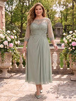 Plus Size Long Sleeves Lace Mermaid Round Neck Tea Length Mother of the Bride/Groom Dresses