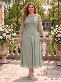 Plus Size Long Sleeves Lace Mermaid Round Neck Tea Length Mother of the Bride/Groom Dresses
