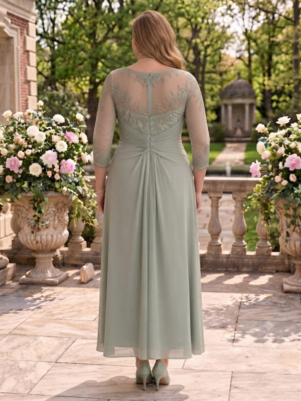 Plus Size Long Sleeves Lace Mermaid Round Neck Tea Length Mother of the Bride/Groom Dresses