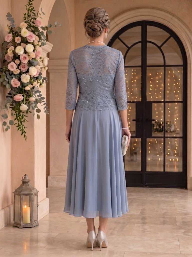 2 Pieces Lace Long Sleeves Mermaid Tea Length Mother of the Bride/Groom Dresses
